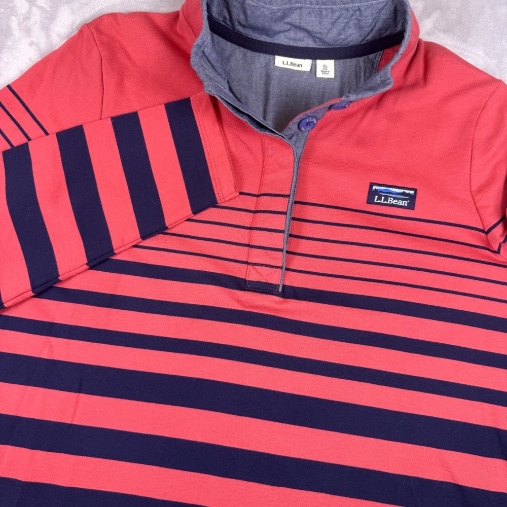 LL Bean Womens XL Pink Navy Striped Cotton Pullover Mock Neck Sweatshirt 501241